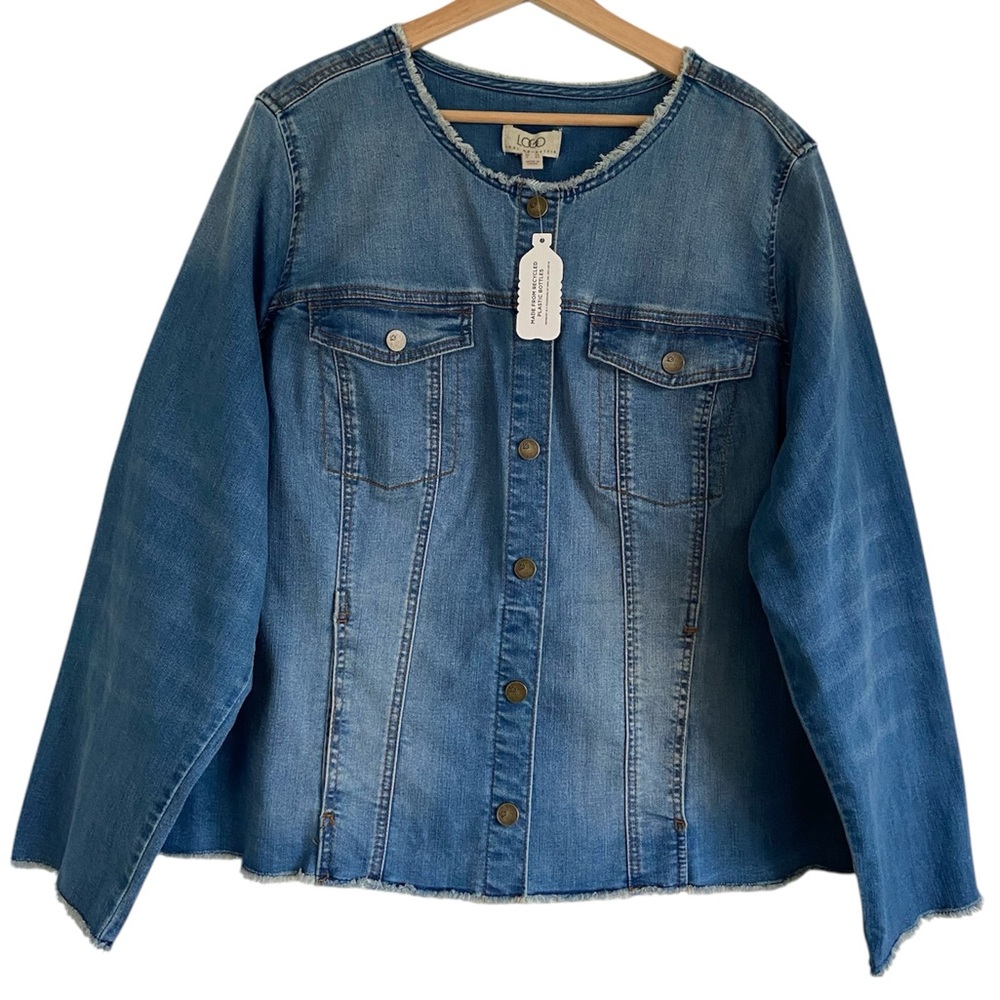 LOGO Lori Goldstein Denim Jacket Fray Hem Stretch Classic Western 26 W 26W NWT